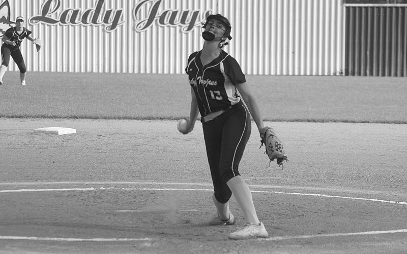Sacred Heart starting pitcher Halle Lafleur prepares to deliver a pitch against St. Edmund on Thursday. (Gazette photo by Rhett Manuel)