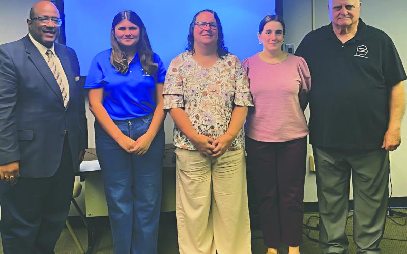SACRED HEART HIGH SCHOOL 4-H - Shown, from left, are Superintendent Darwan Lazard, Sacred Heart High School 4-H student Amelia Fontenot, 4-H agents Kim Deville and Madison LaTour, and EP School Board President Bobby Hamlin. (Gazette photo by Heather Bogard)