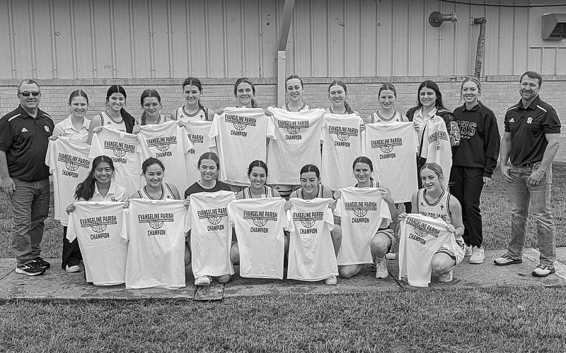 The Sacred Heart Lady Trojans won their first Evangeline Parish Tournament since 2005 and second since 1994. Pictured are Head Coach Craig Whittington, Assistant Coach Shane Darbonne, Manager Caroline Richardson, Videographer Layla McElwee, Statisticians Emily Ardoin and Jenna Manuel, and players Taylor Darbonne, Kali Shiver, Jodie Landry, Ava Johnson, Rose Ardoin, Jolie Vidrine, Olivia Tate, Laura Prudhomme, Breanne Ardoin,  Averie Pitre, Mary Perron, Alyssa Brignac, and Josie Vidrine.  (Gazette photo by R