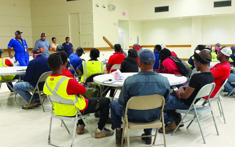City of Ville Platte employees attend a safety meeting at the civic center on May 28. Standing from left are City Councilman Shawn Roy, Mayor Ryan LeDay Williams, and Councilwomen Anna Frank and Christina Sam. (Photo courtesy of Mayor Ryan LeDay Williams)