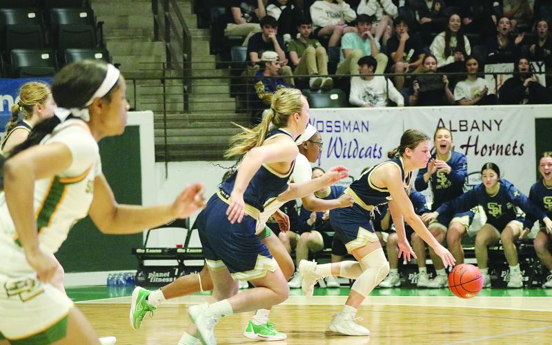 The Sacred Heart bench reacts as Kali Shiver (22) forces a turnover and moves the basketball across the court against Southern Lab. (Gazette photos by Tony Marks)