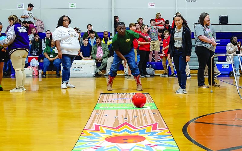 Dontravous Ben, of Mamou High School, competes in the bowling event of the  recent Special Olympics. The top three in each division are competing today at state in Lafayette. (Photo courtesy of Tommy Jones)