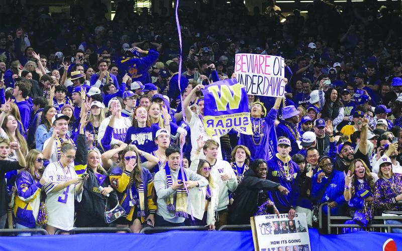 Washington fans celebrate after the Huskies defeat the Texas Longhorns in the College Football Playoff Semifinal at the Allstate Sugar Bowl on Monday night. (Gazette photo by Tony Marks)