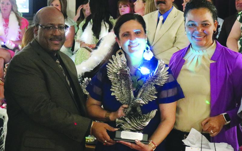 From left are Superintendent Darwan Lazard, Middle School Teacher of the Year Jessica Capseta, and Ville Platte Elementary Principal Katrina Ardoin. (Gazette photo by Tony Marks)