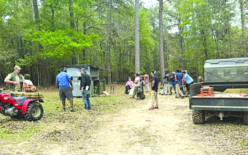 The film crew, actors, and directors of Dead Dawn on the set in the woodland area of Te-Mamou, south of Basile.