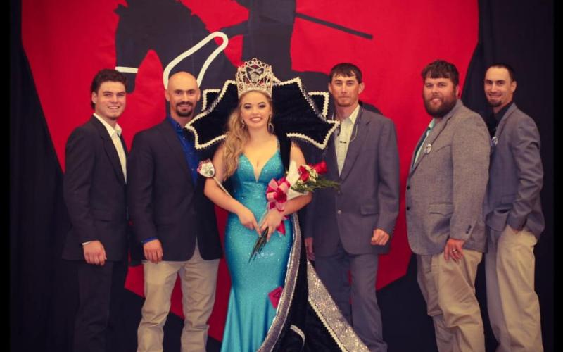 A QUEEN AND HER KNIGHTS - The top five riders from last year’s Tournoi run pose with newly crowned Louisiana Tournoi Queen  Ainsley Claire Quibodeaux. From left, they are William Fontenot, standing in for John Ross Guillory; Ryan Haller; Marcus Guillory; Nick Miller, standing in for Eric Guillory; and Alex Haller. (Photo courtesy of Jenny Deshotel)