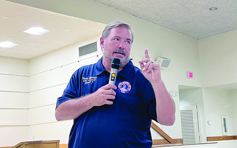 Tracey Jagneaux, Ville Platte city councilman from District C, addresses members of the community during a special meeting held at the Ville Platte Civic Center on Wednesday, August 30. (Gazette photo by Nancy Duplechain)