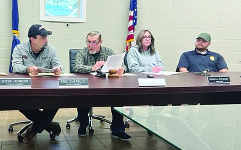 Bert Campbell (second from left) is pictured as he presides over his first meeting as mayor of Turkey Creek. Also pictured are new Mayor Pro-Temp and Councilman Eric Chapelle (left), Village Clerk Melissa Ferguson (second from right) and Assistant Chief of Police Matt Moreau (right). (Gazette photo by Tony Marks)
