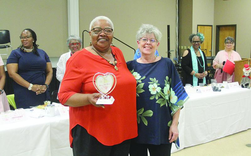 Pictured is Phyllis Green (left) as she accepts the 2023 Woman with Heart Award for Evangeline Parish from St. Landry-Evangeline United Way. Green was presented the award by Suzy Lemoine (right). (Gazette photo by Tony Marks)