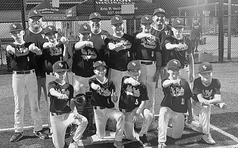 The Ville Platte DYB Major All Stars defeated Mamou two games to one to win the district tournament. Coaches are Josh Fontenot, Tucker Addington, and John Deranger; players are Jax Fontenot, Drew Chapman, Hayes Mayeaux, Thomas Fontenot, Karson McFarlain, Ryker Addington, Andrew Bischoff, Ethan Deranger, Wyatt Deville, Brantley Guillory, and Hudson Fontenot. (Photo courtesy of Ville Platte Dixie Youth Baseball)