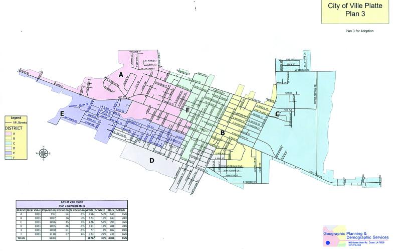 The new Ville Platte city council districts are shown above. District A (Faye Lemoine) is shown in pink, District B (Jerry Joseph) is shown in yellow, District C (Mike Perron) is shown in blue, District D (Jordan Anderson) is shown in silver, District E (Christina Sam) is shown in purple, and District F (Bryant Riggs) is shown in green. The new district lines are in place for the election which will be held on Tuesday, November 8.