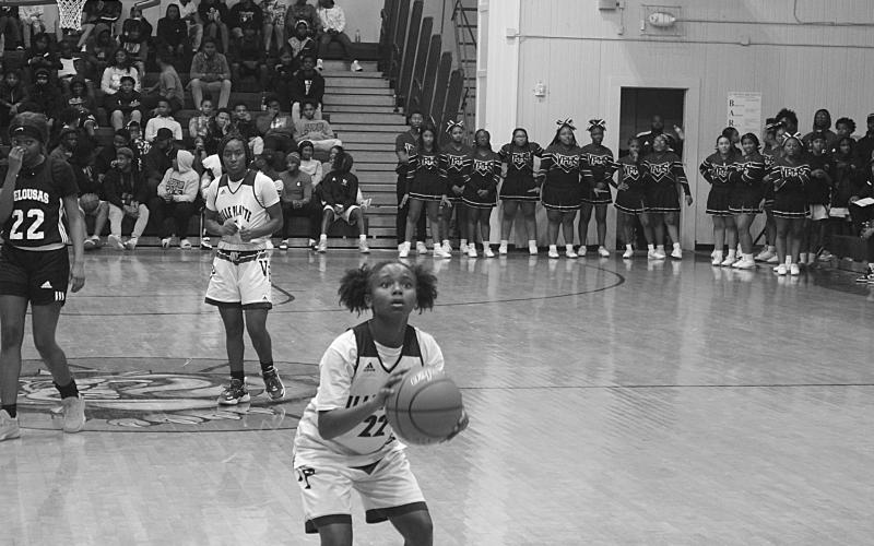 Lady Bulldogs’ Vandryua Wilson shoots a free throw in the game against Opelousas. (Gazette photos by Rhett Manuel)