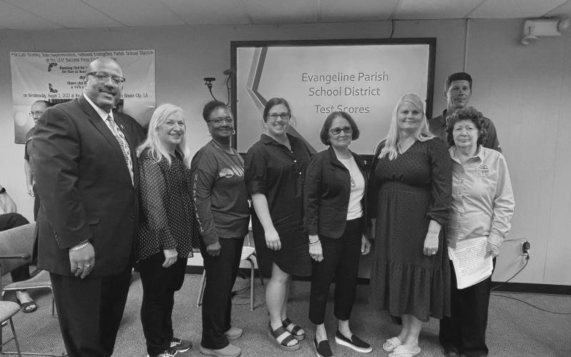 WW Stewart was recognized as having the highest percentage of growth in LEAP proficiency in the district. Shown, from left, are Superintendent Darwan Lazard, Renee Walden, WWSE Speech Patholoogist; Elaine Noel, PE Teacher; Caroline Thomas, Instructional Strategist; Renee Goodly, Assistant Principal; Tracey Pitre, Principal and Title I Director Maryann Fontenot. Standing behind Fontenot is board member Nick Chaumont. (Gazette photo by Heather Bogard)