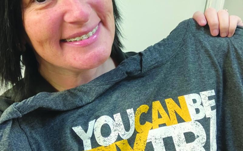 DONOR T-SHIRT - Blood drive organizer Chasity Monier shows the t-shirt donors received. (Photo courtesy of Chasity Monier)