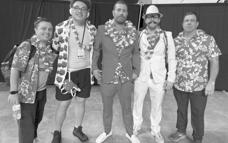 BEST-DRESSED AT STATE - The La. High School Coaches Association shared this photo above on Facebook prior to the championship rounds of the state wrestling tourney with the following caption: Waiting to see who will be State Champions on the mats, but we have confirmed a front runner in best dressed…introducing the Basile Bearcat coaching staff. From left are Ben Bertrand, Romyn Cortez, senior wrestler; Patrick Fontenot, Gabe Duplechin, and Jason Ashford.