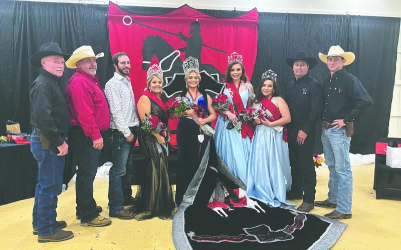 QUEENS AND THEIR RIDERS - Shown, from left, are Kent Saucier, Keith Saucier, John Ross Guillory, Ms. Queen Kimberly Naquin Fontenot, Louisiana Tournoi Queen Taylyn LaCombe, Teen Queen Ann-Kathryn Vidrine, Jr. Queen Arris Fontenot, Bryan Fontenot, and Marcus Guillory. (Gazette photo by Heather Bogard)