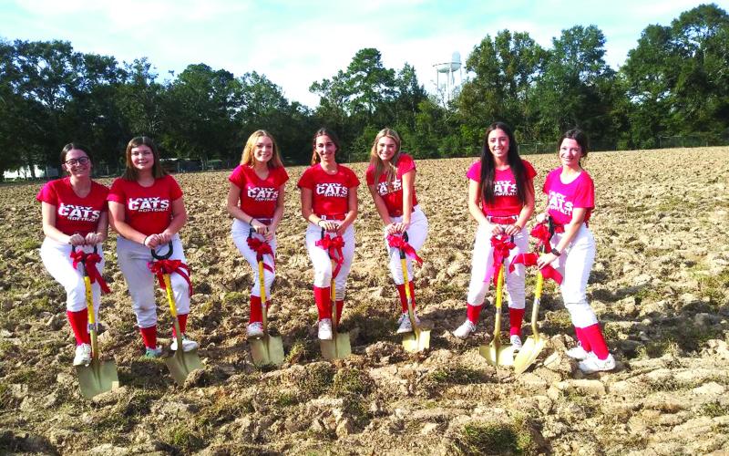Lady Bearcat softball team members (from left to right) Breanna Fields, Daisy Berzas, Hannah Aguillard, Henley LeJeune, Addilyn David, Hanna Manuel, and Kynlee Fruge are shown putting the ceremonial shovels to use at the ground-breaking of the team’s field in November of 2021. The newly-created team had their debut game February 3, 2022 as a junior varsity team. Their first varsity season will begin Feb. 14, 2023, in their first game in the new stadium, which was completed recently.