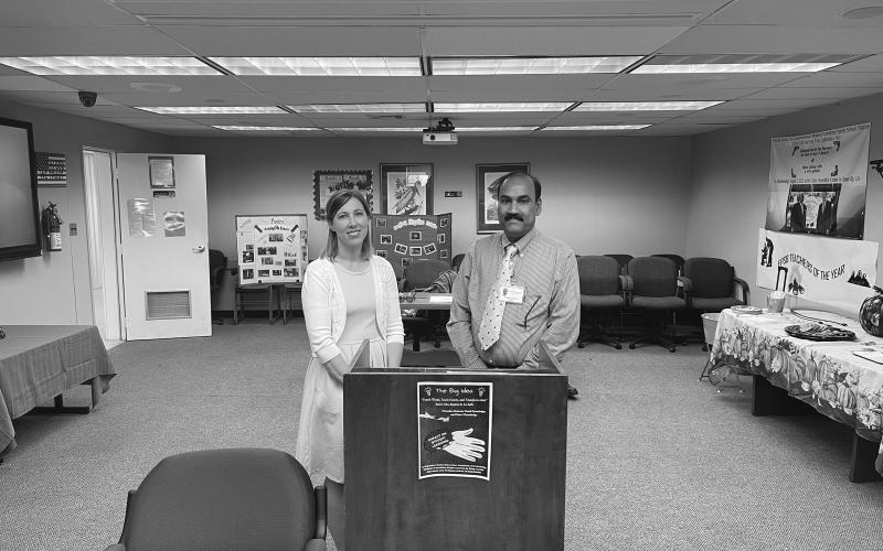 High School Teacher of the Year candidates from left are Jennifer Fontenot (Pine Prairie High School) and Hari Krishna Prasad Oruganti (Mamou High School). Missing from the photo are Ben Bertrand (Basile High School) and Natalie Guillory (Ville Platte High School). (Photo courtesy of Grace Sibley)