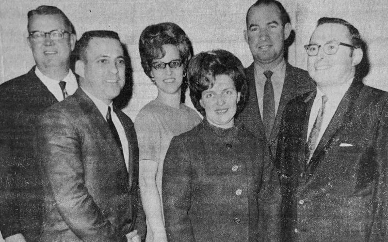 Members of the 1969 Louisiana Cotton Festival Board elected to serve, from left, were Mayor Harold Bordelon, second vice president; Larry Vidrine, outgoing president; Mrs. Clarence Rivers, secretary; Mrs. Larry Vidrine, treasurer; Jesse Gary, first vice president; and President Dr. Jerry Veillon. (Gazette file photo)