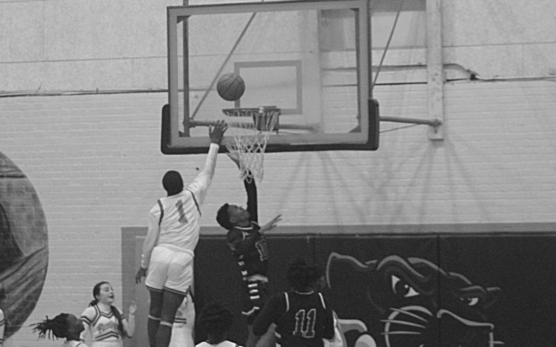 Pine Prairie’s De’jon Lemalle attempts to block a layup attempt by Ville Platte’s Jakahalen Slaughter in the Bulldogs’ 80-30 win on Tuesday night. Slaughter finished the game with 11 points, while Lemalle had a team-high 18 for the Panthers. (Gazette photo by Rhett Manuel)