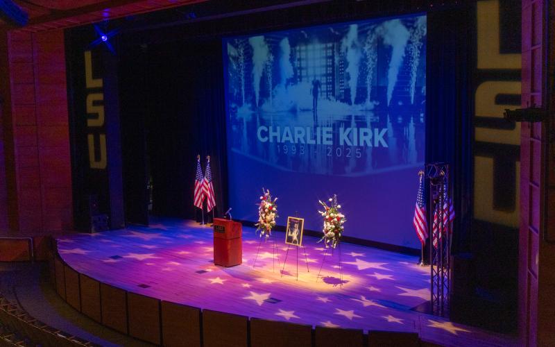 The empty stage sits Friday, Sept 12, 2025, in the LU Student Union Theater in Baton Rouge. (Al Persicke / The Reveille)