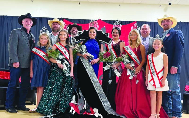 QUEENS AND THEIR RIDERS - In the front row, from left, are Deb Miss Tournoi Huxley Emerson Pepiton, Junior Miss Tournoi Elizabeth Kathryn Reed, Louisiana Tournoi Queen Courtlyn Janae Gremillion, Ms. Tournoi Queen Winter Alexis Duhon, Teen Tournoi Queen Lily-Ann Kate Blanchard and Little Tournoi Queen Kaiya Everly Redmon. In the back row, from left, are Tournoi riders Kent Saucier, Nick Miller, Marcus Guillory, Cody Manuel and Brandon Snokes. (Gazette photos by Heather Bogard)