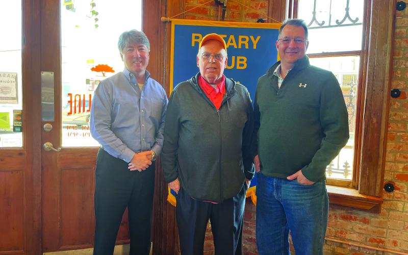 ROTARY WELCOMES GUEST - Dr. Malcolm Vidrine, center, was the guest speaker of the January 4, meeting of the Ville Platte Rotary Club. He is shown with Rotary President Jimmy LeBlanc, left, and Rotarian Dr. Philippe Vidrine, right. (Gazette photo by Heather Bogard)