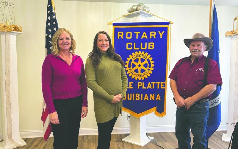 IMPORTANCE OF AGRICULTURE DISCUSSED - Raquel Manuel (center) visited the January 7, meeting of the Ville Platte Rotary Club to discuss the importance of local agriculture. She is shown with Rotarian Nicole Wenger (left) and Rotary President Bob Manuel (right). (Gazette photo by Heather Bogard)