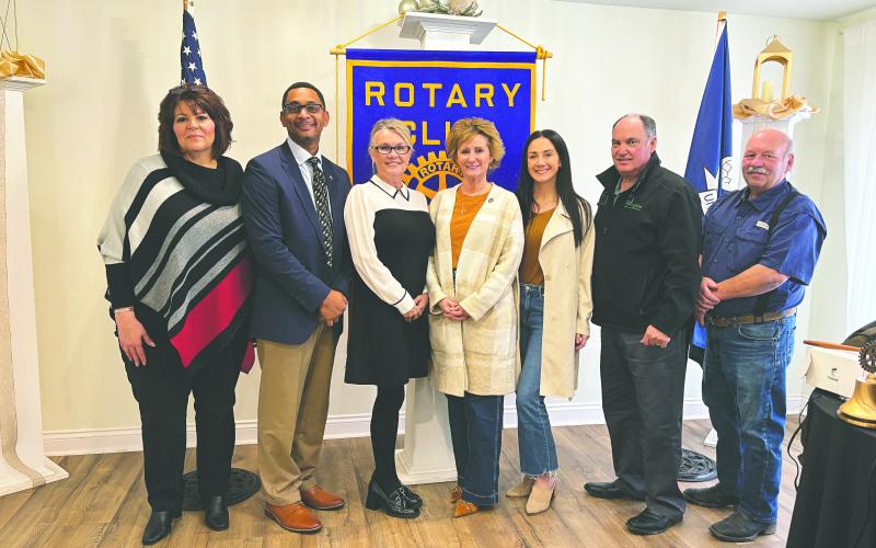 ECONOMIC DEVELOPMENT AUTHORITY ESTABLISHED - Board members of the Evangeline Parish Economic Authority, from left are board members Liz Chatelain and Brian Ardoin, President Opal Andrus, Representative Rhonda Butler, and board members Maggie Eades and Eric Fontenot. They are shown with Rotary President Bob Manuel (right). (Gazette photo by Heather Bogard)