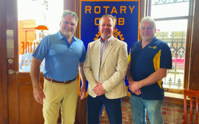 ASSESSOR VISITS ROTARY CLUB - During the January 17, meeting of the Ville Platte Rotary Club, Evangeline Parish Assessor Chris Guillory (center) gave an update on the assessor’s office. He is shown with Rotarian Eric Gil (left) and Rotary President Larry Lachney (right). (Gazette photo by Heather Bogard)