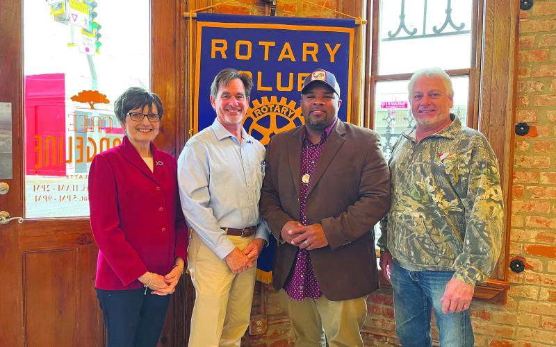 VP MAYOR AND CLERK VISIT ROTARY CLUB - Ville Platte Mayor Ryan Leday Williams and City Clerk Donald Bergeron visited the January 24, meeting of the Ville Platte Rotary Club. Shown, from left, are Rotarian Annette Johnson, Bergeron, Williams and Rotary President Larry Lachney. (Gazette photo by Heather Bogard)