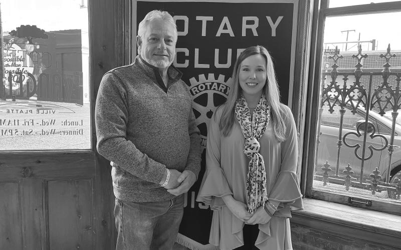 VP ROTARY HEARS TOURISM UPDATE - Elizabeth West, marketing manager with the Evangeline Parish Tourism Commission, visited the January 31, meeting of the Ville Platte Rotary Club. She is shown with Rotary President Larry Lachney (left). (Gazette photo by Heather Bogard)