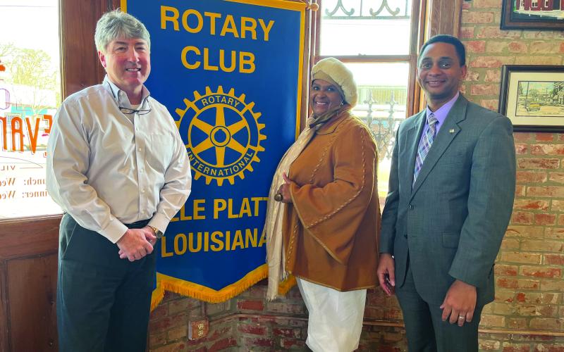 MAYOR GIVES UPDATE - During the February 1, meeting of the Ville Platte Rotary Club, Ville Platte Mayor and Rotarian Jennifer Vidrine gave an update on many exciting projects coming soon to improve the community. She is shown with Rotary President Jimmy LeBlanc, left, and Rotarian Brian Ardoin, right. (Gazette photo by Heather Bogard)