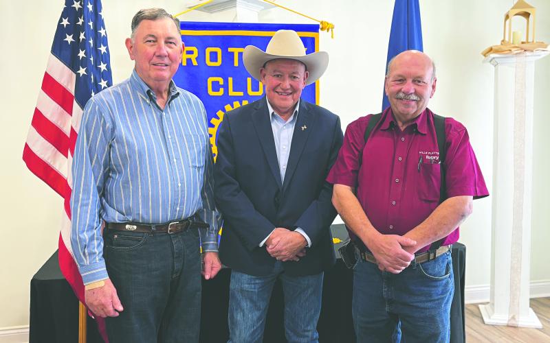 UPDATE ON NEW JAIL FACILITY GIVEN - Evangeline Parish Sheriff Charles Guillory (center) visited the February 4, meeting of the Ville Platte Rotary Club to give members an update on the progress of the new jail facility being built in Industrial Park. He is shown with Rotarian Bill Brunet (left) and Rotary President Bob Manuel (right). (Gazette photo by Heather Bogard)