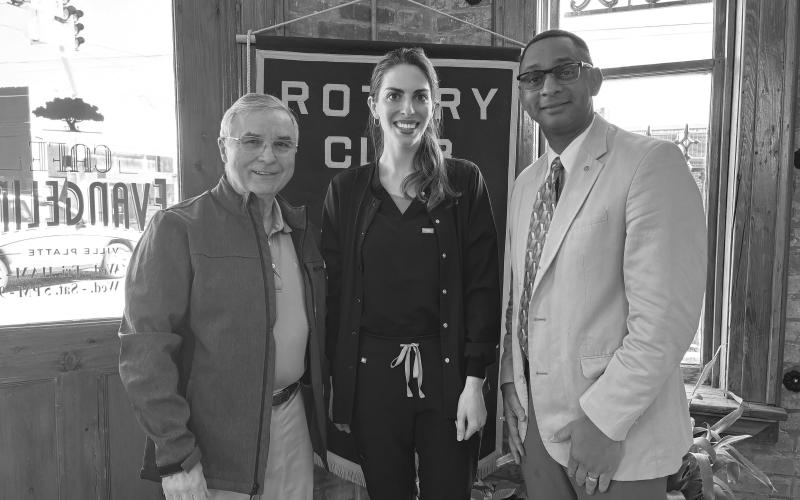 Shown, from left, are Rotarian Dr. Kirk Soileau, Natalie Turk and Rotary President Brian Ardoin. Turk spoke about her experience as a dental hygienist working for Dr. Soileau for the past three and a half years. (Gazette photo by Heather Bogard).