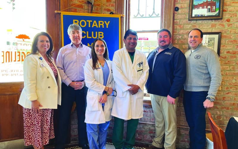 DR. PATLOLA DISCUSSES SERVICES - During the February 8, meeting of the Ville Platte Rotary Club, Dr. Raghotham Patlola discussed the various cath and cardiology services available at Mercy Regional Medical Center. Shown, from left, are Rotarian Renee Brown, Rotary President Jimmy LeBlanc, nurse practitioner Stepheny Sumrall, Dr. Patlola, Mercy Regional CEO Kristopher Aguillard and Rotarian Darin Bordelon. (Gazette photo by Heather Bogard)