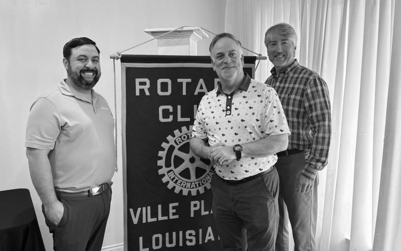 BENEFITS OF MOVEMENT SHARED - David Vidrine with Healthworks Rehab (center) visited the February 10, meeting of the Ville Platte Rotary Club to talk about the many health benefits of exercising. He is shown with Rotary President Beau Wilson (left) and Rotarian Jimmy LeBlanc (right) (Gazette photo by Heather Bogard)