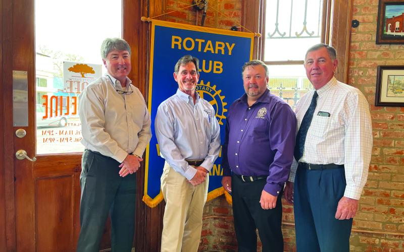 EPPJ UPDATE GIVEN - Shown, from left, are Rotary President Jimmy LeBlanc, Police Jury Secretary/Treasurer Donald Bergeron, Vidrine, and Rotarian Bill Brunet. (Gazette photo by Heather Bogard)