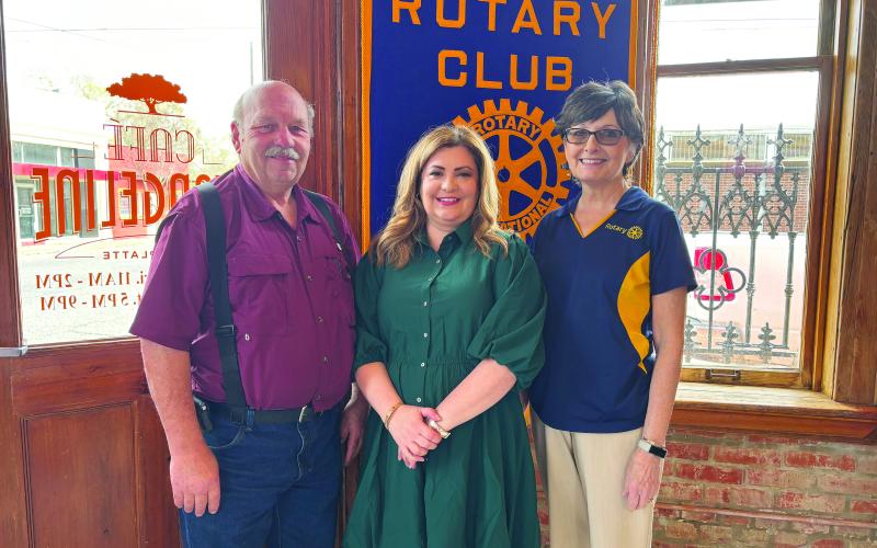 CARE AND SHARE CENTER WORK DISCUSSED -  Shown, from left, are Rotarian/President-Elect Bob Manuel, Kaera Doucet with the Christian Care and Share Center in Ville Platte and Rotary Secretary Annette Johnson. Doucet gave a brief update on the work they do to provide assistance to the less fortunate in the community. (Gazette photo by Heather Bogard)