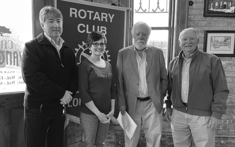 BRADSHAW VISITS - Columnist and author Jim Bradshaw shared stories about the history of South Louisiana with the Ville Platte Rotary Club during the group’s March 8, meeting. Shown, from left, are Rotary President Jimmy LeBlanc, Rotarian Annette Johnson, Bradshaw, and Rotarian Brent Coreil. (Gazette photo by Heather Bogard)