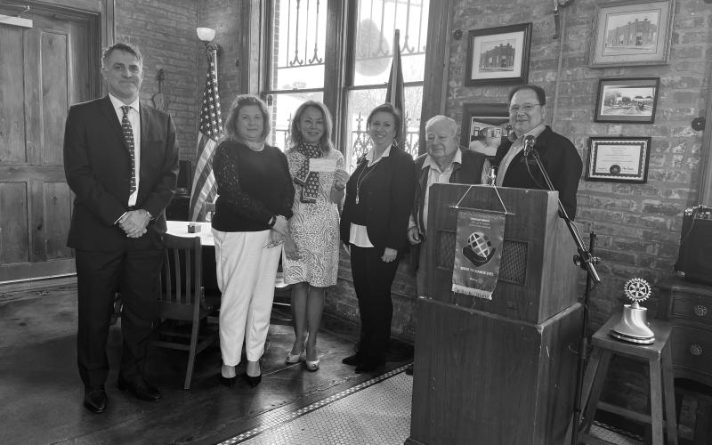 Shown, from left, are Vice Chancellor of Academic Affairs Dr. John Hamlin, Carey Lawson with the LSUE Foundation, Sorenson, and Rotarians Renee Brown, Dr. Willie Buller and Wayne Vidrine. During the meeting, the Ville Platte Rotary Club presented the LSUE officials with their annual scholarship donation, with funds raised from the club’s annual Super Bowl football pool. (Gazette photo by Heather Bogard)