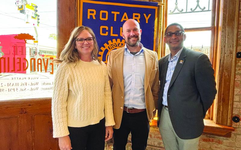 MEMBERS LEARN ABOUT ARCHAEOLOGY RESEARCH -  Shown, from left, Rotarian Nicole Wenger, Louisiana State Archaeologist Samuel Huey and Rotary President Brian Ardoin. (Gazette photo by Heather Bogard)