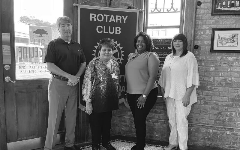 CLINIC SERVICES DISCUSSED - Willona Bertrand, volunteer with Eunice Community Health Center, addressed the April 5, meeting of the Ville Platte Rotary Club. Shown, from left, are Rotary President Jimmy LeBlanc, Rotarian Mable Foreman, Bertrand, and Barbara Blood. (Gazette photo by Heather Bogard)