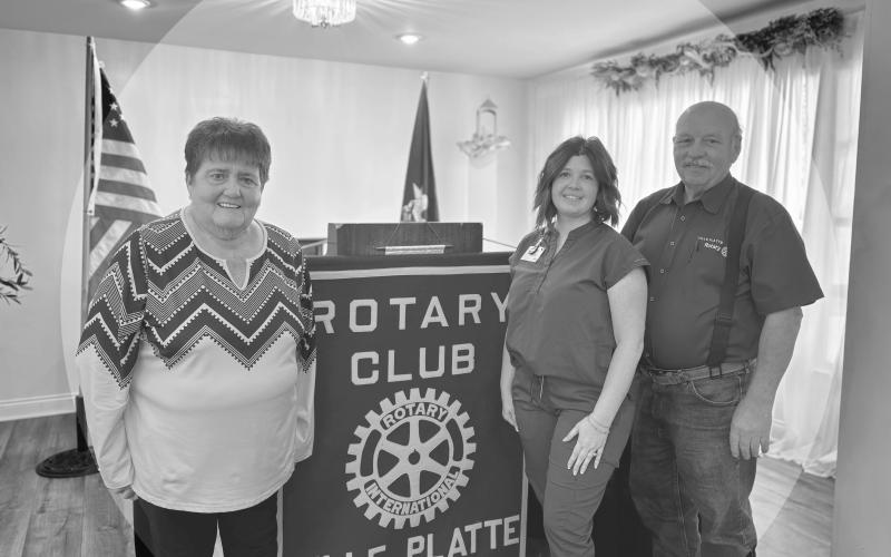 HOSPICE CARE DISCUSSED - Kimmie Bordelon (center) shared important information on hospice care during the April 8, meeting of the Ville Platte Rotary Club. She is shown with Rotarian Mable Foreman (left) and Rotary President Bob Manuel (right) (Gazette photo by Heather Bogard)