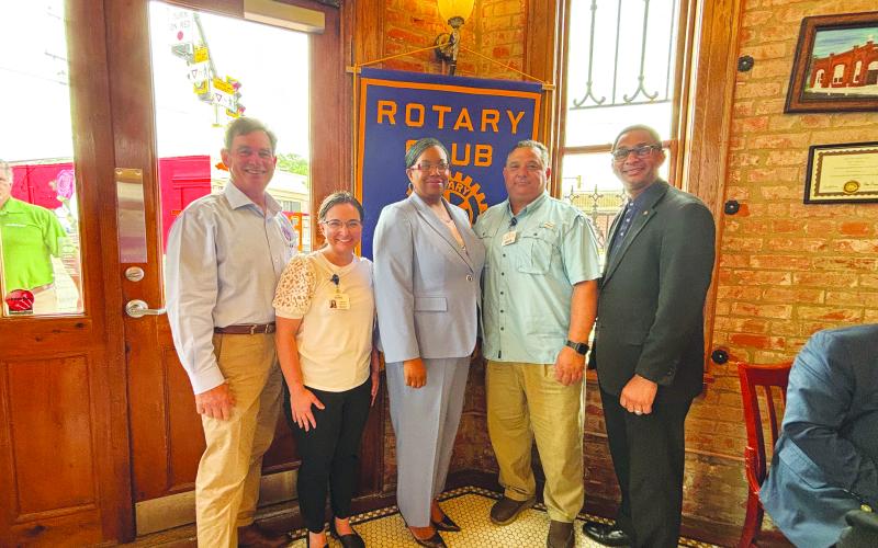 MENTAL HEALTH DISCUSSED -  Shown, from left, are Rotarian Donald Bergeron, Mercy Regional Medical Center Marketing Director Ashlyn Ortego, Psychiatric Nurse Practitioner Selecia Joy Egby, Mercy Regional Medical Center CEO David Ingram and Rotary President Brian Ardoin. (Gazette photo by Heather Bogard)
