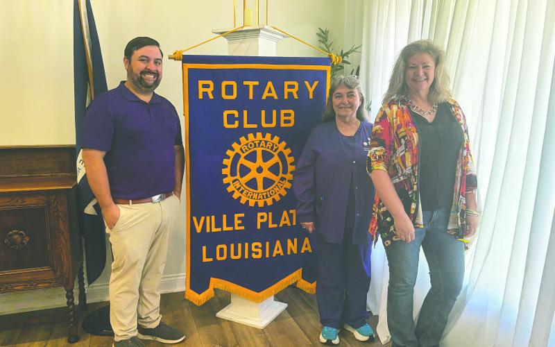 UPDATES HEARD - During the April 7, meeting of the Ville Platte Rotary Club, Heritage Manor Activity Director Patricia Duplechin (center) and KVPI Station Manager and Swamp Pop Museum Director Misty Parker (right) shared several updates with their fellow Rotarians. They are shown with Rotary President Beau Wilson (left) (Gazette photo by Heather Bogard)