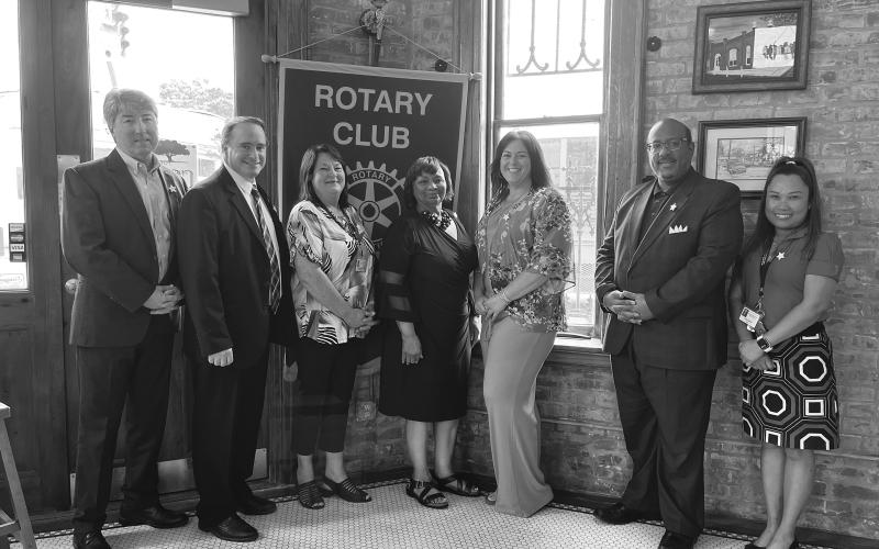 EVANGELINE PARISH TEACHERS OF THE YEAR RECOGNIZED - Shown, from left, are Rotary President Jimmy LeBlanc, Assistant Superintendent Mike Lombas, Elementary Teacher of the Year Bernice Ardoin, Sibley, Middle School Teacher of the Year Misti Fontenot, Lazard, and High School Teacher of the Year Emee Aswell. (Gazette photos by Heather Bogard)