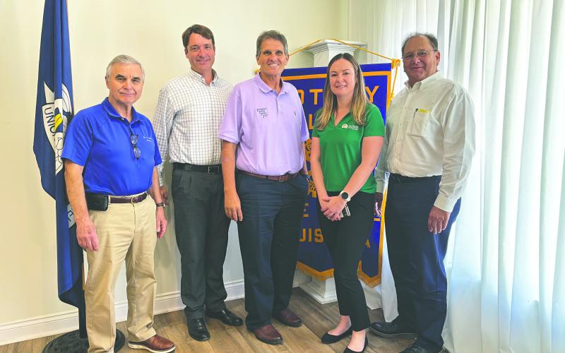 MEMBERS HEAR UPDATE ON STATE PARKS - Shown, from left, are Rotarian Dr. Kirk Soileau, Michael Proctor (Louisiana Deputy Director of Louisiana State Parks), Police Juror Kevin Veillon, Katie Ardoin (District Four Manager) and Rotarian Wayne Vidrine. (Gazette photo by Heather Bogard)