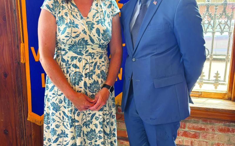 UPDATE GIVEN -  Angela Fontenot, Director of Marketing and Business Development with Savoy Medical Center (left) addressed the May 21, meeting of the Ville Platte Rotary Club. She is shown with Rotary President Brian Ardoin. (Gazette photo by Heather Bogard).