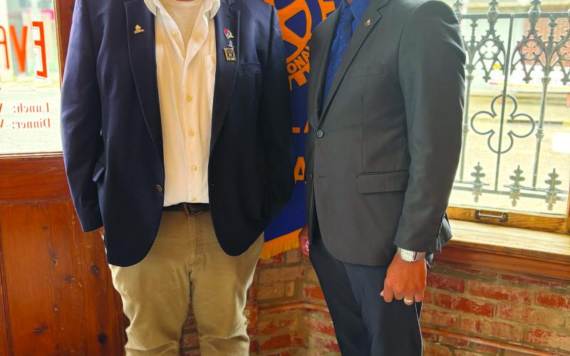 New President of Evangeline Parish Tourist Commission Tony Marks (left) is pictured with Rotary of Ville Platte President Brian Ardoin (right). (Gazette photo by Heather Bogard)